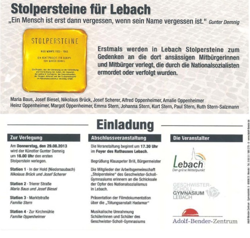 Stolpersteine werden am 29. August 2013 für die Opfer des Nazi-Regimes in Lebach verlegt; Einladung: Adolf-Bender-Zentrum St. Wendel