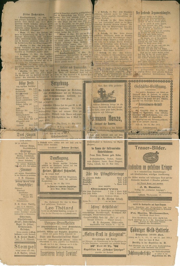 Lebacher-Anzeiger vom 18. Mai 1915, Seite 4, Anzeigenteil, Nachlass: Alois Bastuck, Archiv: Marlene Esslimani