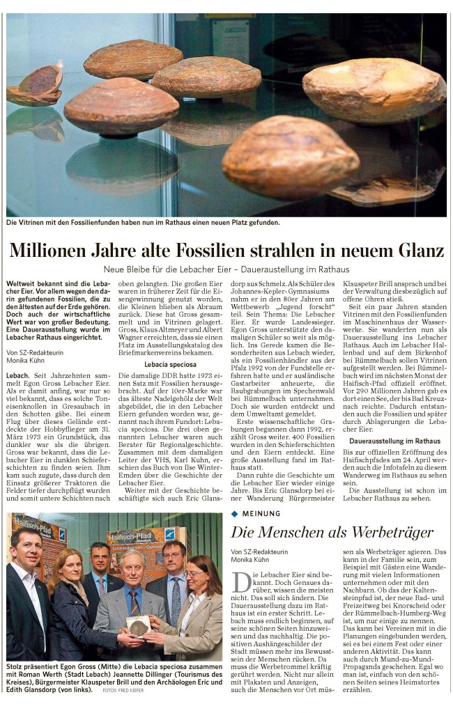 SZ-Dillingen, Monika Kühn (Text) und Fred Kiefer (Bilder) vom 30. März 2015, Millionen Jahre alte Fossilien strahlen in neuem Glanz